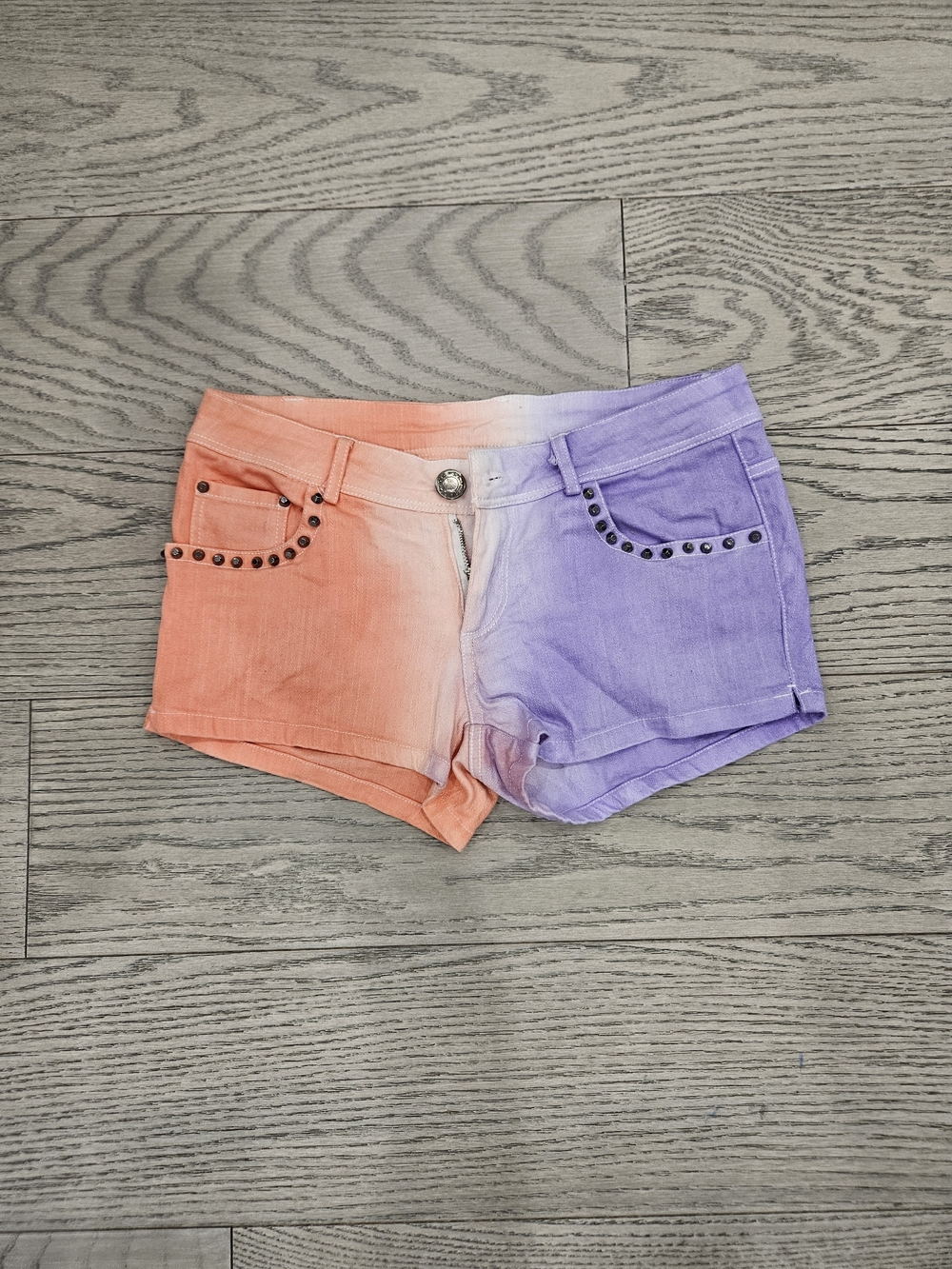 Women's Two-Tone Orange & Purple Ombre Denim Shorts with Stud Accents